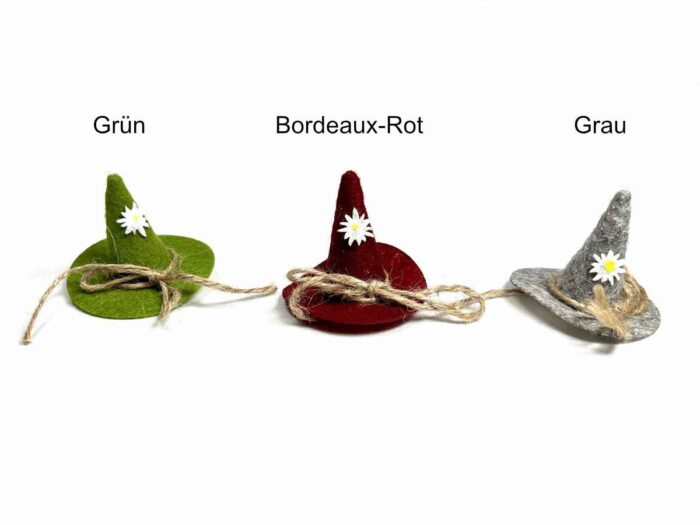 Bayrische Filzhüte, Auswahl in Grün Bordeaux-Rot und Grau